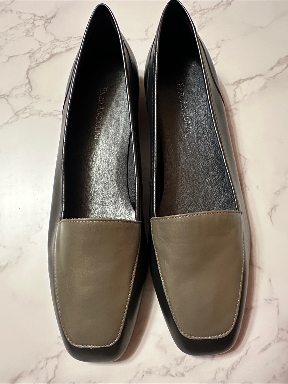 Enzo Angiolini Olive Green, Pewter and Black Leather colorblock Loafers